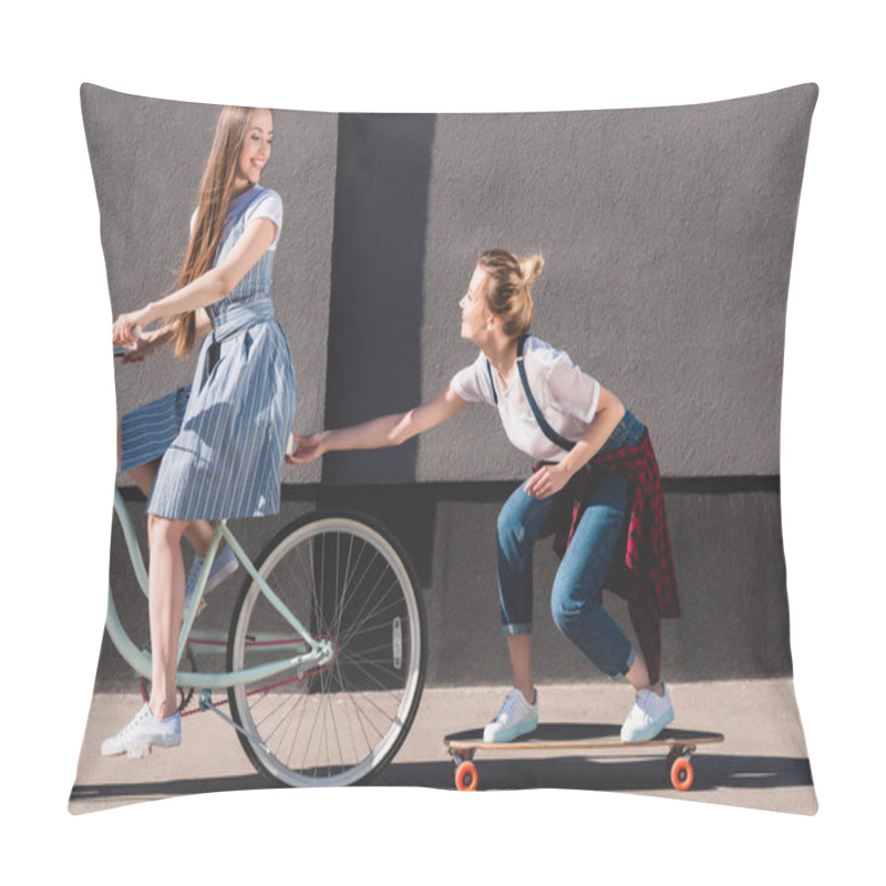 Personality  Smiling Woman Riding Bicycle And Towing Her Female Friend On Skateboard  Pillow Covers