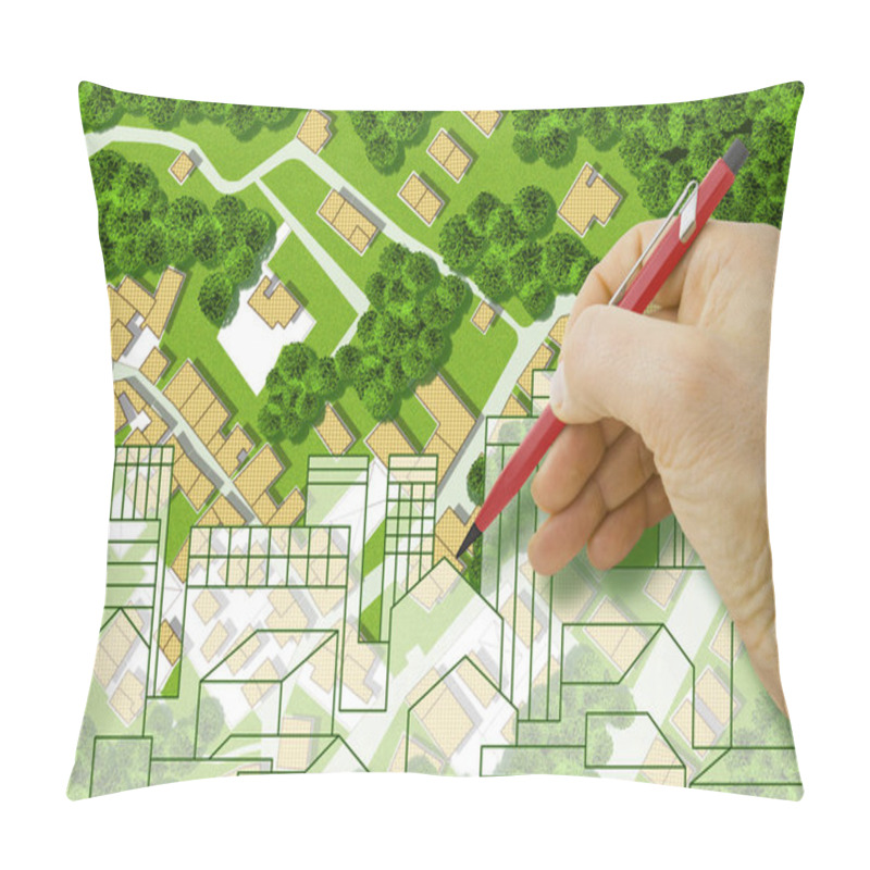 Personality  Real Estate Concept With An Imaginary Cadastral Map Of Territory With Cityscape, Buildings, Roads And Land Parcel Pillow Covers