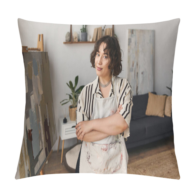 Personality  Curly-haired Young Woman Passionately Creating Art In A Chic, Modern Apartment During Daytime. Pillow Covers