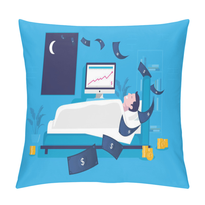 Personality  Earn Money While Sleeping. Man In Bedroom Sleeping In Bed, Money Flying In Window, Computer Screen Shows Graph With Growing Income. Passive Income Concept. Vector Illustration. Pillow Covers