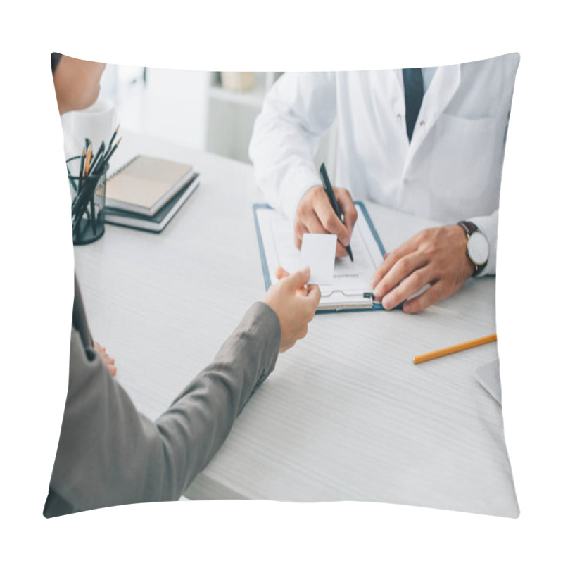 Personality  Cropped Image Of Patient Giving Id Card To Doctor To Fill Insurance Claim Form In Clinic Pillow Covers