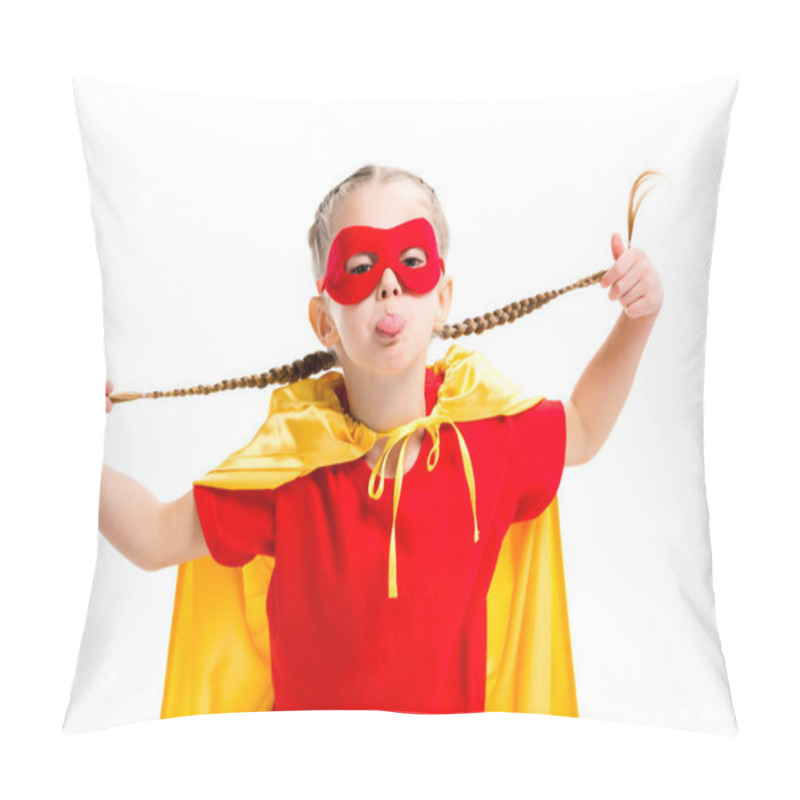 Personality  Little Supergirl In Yellow Cape And Red Mask For Eyes Showing Tongue And Holding Pigtails Isolated On White Pillow Covers