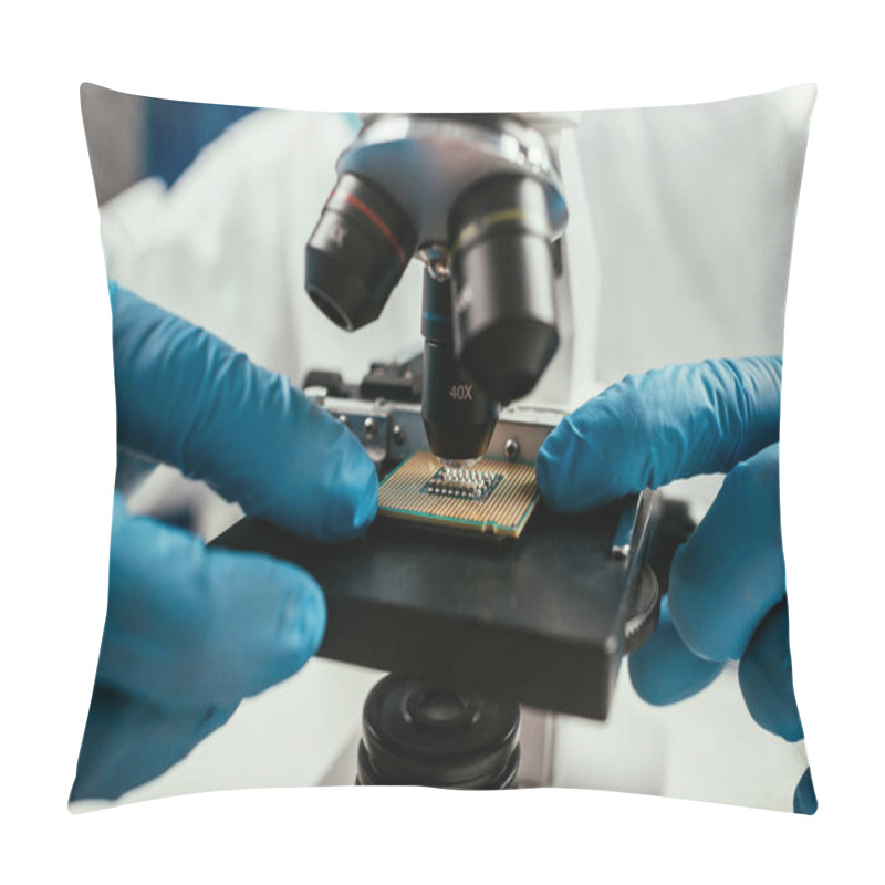 Personality  Cropped View Of Engineer Looking At Computer Microchip Through Microscope Pillow Covers