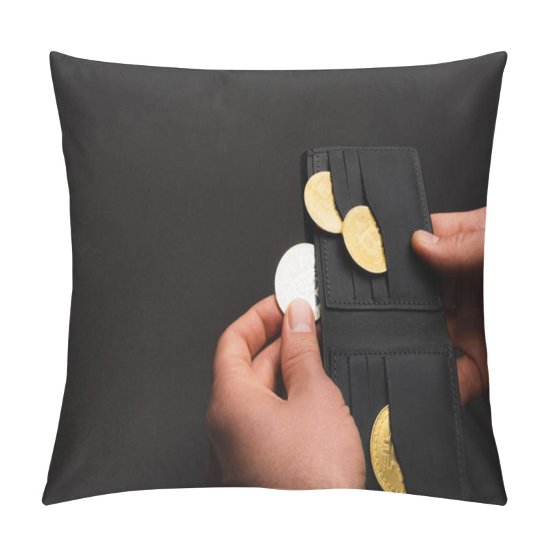 Personality  KYIV, UKRAINE - APRIL 26, 2022: Cropped View Of Man Holding Wallet With Different Bitcoins Isolated On Black  Pillow Covers