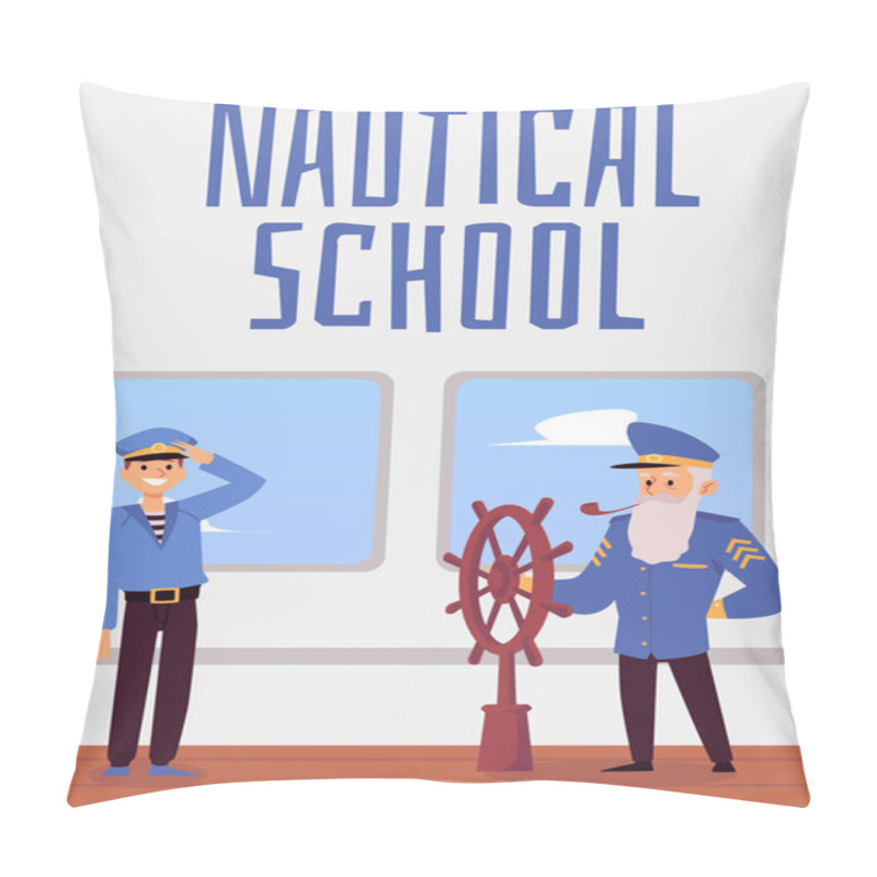 Personality  Nautical School Banner Or Poster Layout With Sailors Flat Vector Illustration. Pillow Covers