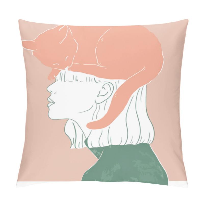 Personality  Illustration Of Woman With A Cat On Her Head Pillow Covers