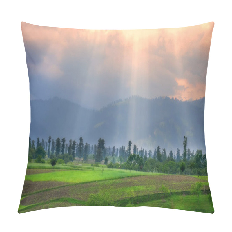 Personality  Beams Of Light Passing Through Clouds At The Time Of Sunset And Hitting Lush Green Landscape Pillow Covers