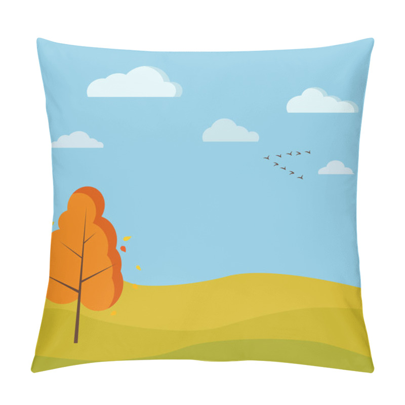 Personality  Autumn Season Cute Nature Landscape Background With Yellow And Orange Colours, Single Deciduous Tree, Fields, River, Clouds, Birds Crane Wedge In Cartoon Style. Vector Flat Design Scenery Illustration Pillow Covers