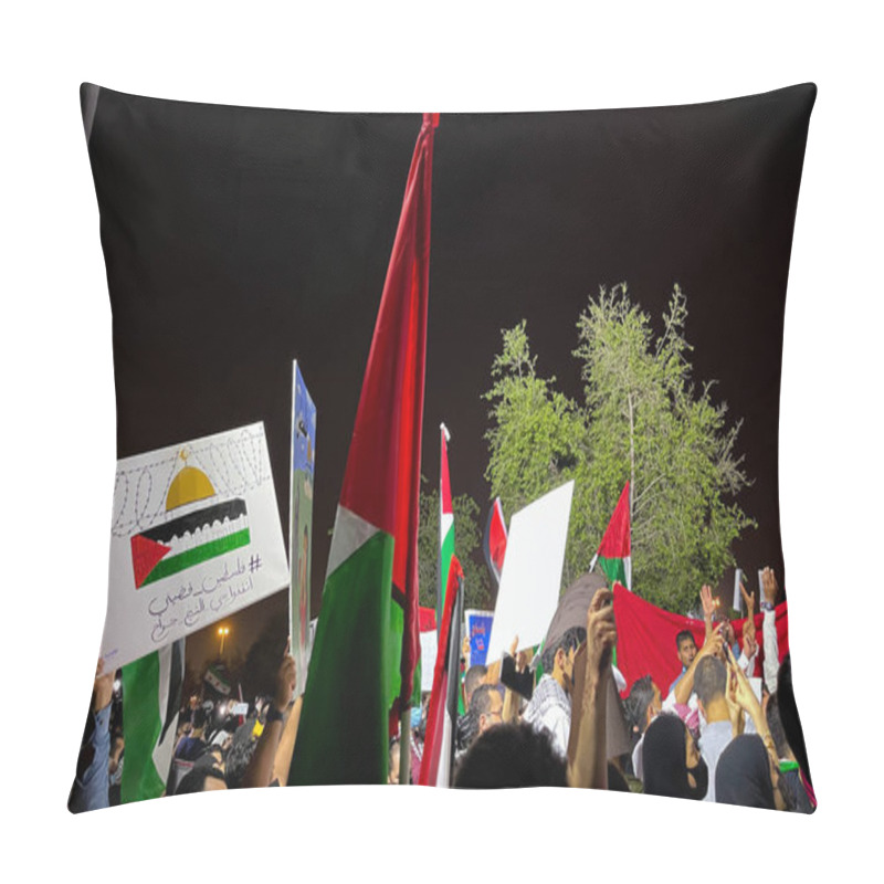 Personality  Doha,Qatar- May 16, 2021- Campaign Protesters At The Imam Muhammad Bin Abdul Wahhab Mosque For A Solidarity Stand In Support Of Palestine. Pillow Covers