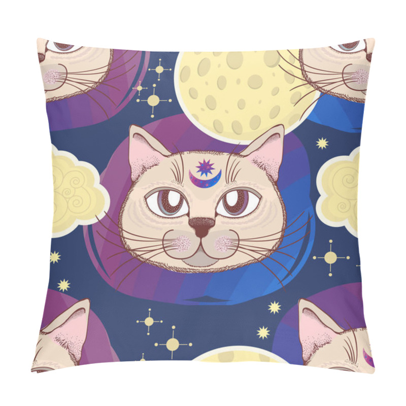 Personality  Vector Pattern With A Cat, Moon, Stars. Magical And Fairy. Suitable For Postcards, Printing, Posters, Textiles. Pillow Covers