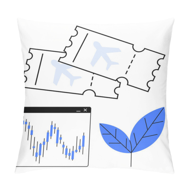 Personality  Two Airplane Tickets, An Analytical Graph Screen, And A Blue Leaf. Ideal For Travel, Finance, Eco-tourism, Data Analysis, Sustainability Business Environmental Initiatives. Line Metaphor Pillow Covers