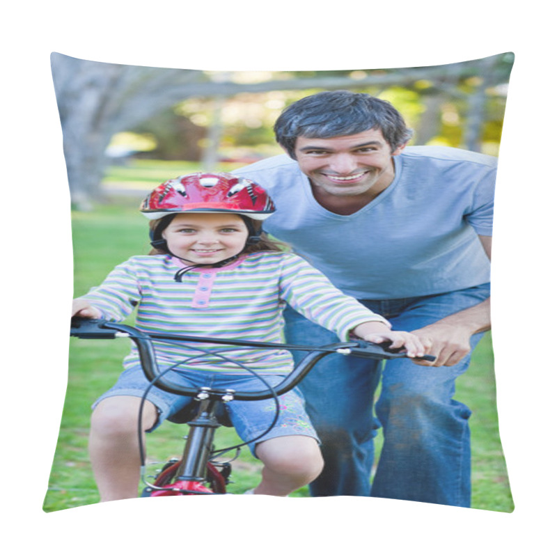 Personality  Cute Little Girl Learning To Ride A Bike With Her Father Pillow Covers