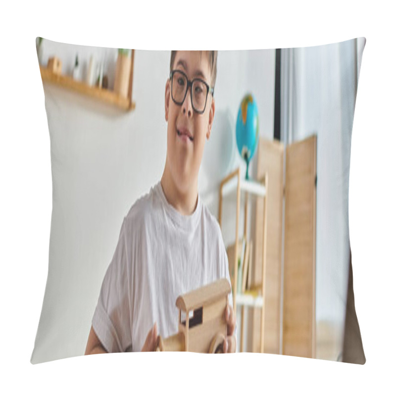 Personality  A Boy With Down Syndrome With Glasses Plays With A Wooden Toy Car. Pillow Covers