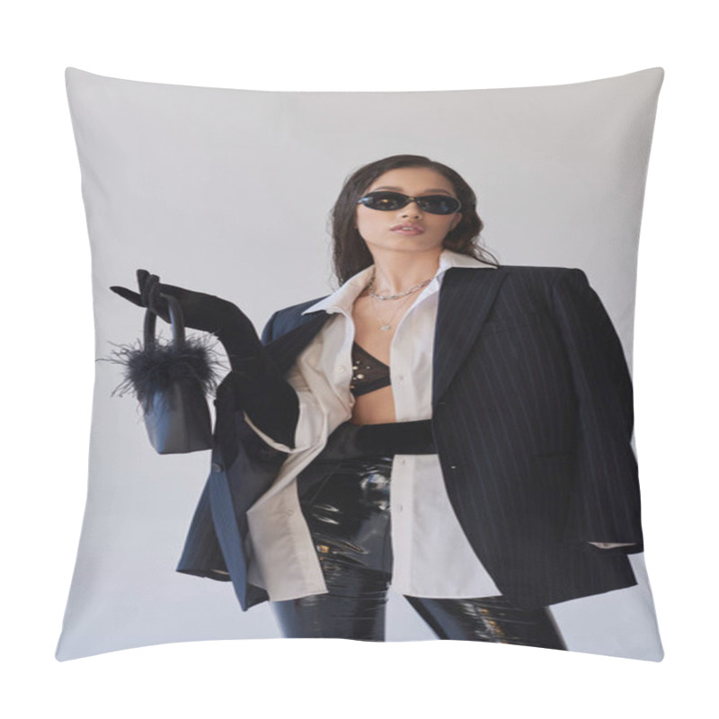 Personality  Trendy Outfit, Personal Style, Brunette Asian Woman In Sunglasses Posing With Feathered Purse On Grey Background, Model In Latex Shorts, Bra, Black Jacket And Gloves, Youth And Style  Pillow Covers