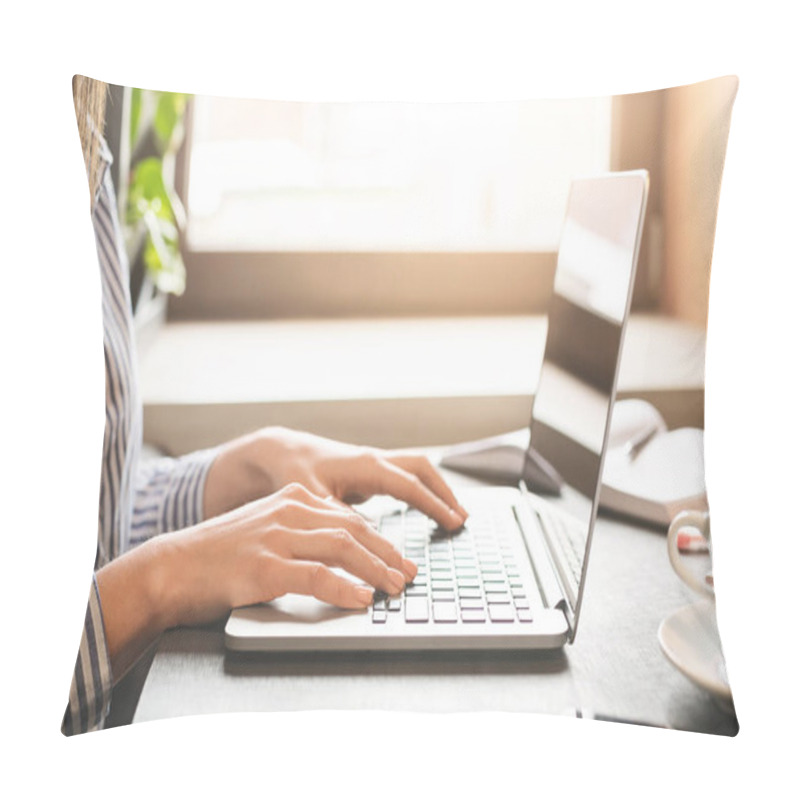 Personality  Female Skilled Freelancer Working On Portable Laptop Pillow Covers