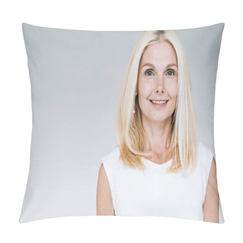 Personality  Happy Blonde Mature Woman Smiling Isolated On Grey Pillow Covers