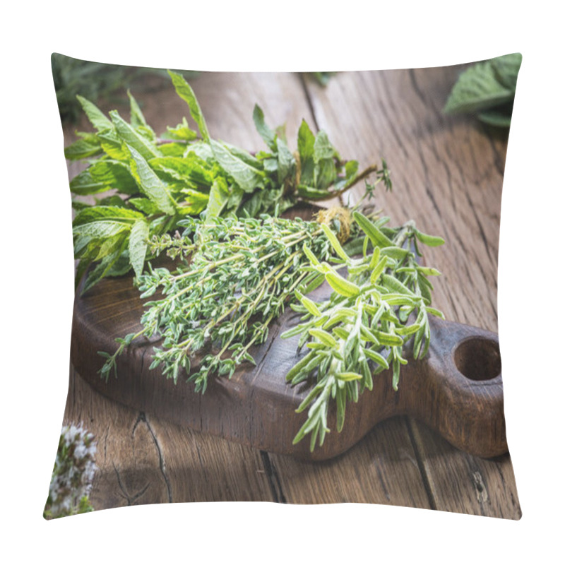 Personality  Different Bunches Of Fresh Herbs On The Wooden Table. Pillow Covers