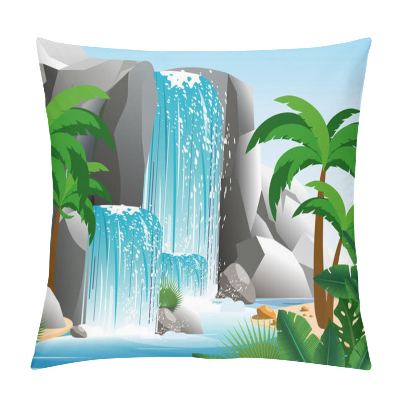 Personality  Vector Illustration Of Beautiful Waterfall In Tropical Jungle Landscape With Trees, Rocks And Sky. Green Palm Wood With Wild Nature And Bush Foliage In Flat Style. Pillow Covers