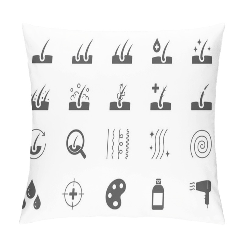 Personality  Hair Cosmetic Flat Icons. Vector Illustration Include Icon - Skincare, Frizzy, Repair, Revitalizing, Scalp, Dandruff, Follicle Glyph Silhouette For Trichology. Black Color Pillow Covers