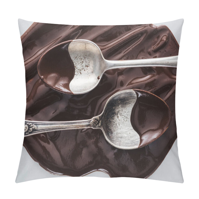 Personality  Top View Of Spoons Covered Of Chocolate And Melted Chocolate On White Background  Pillow Covers