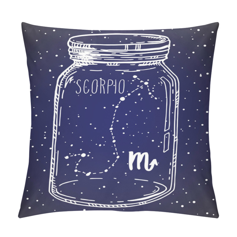 Personality  Scorpio Hand Drawn Zodiac Sign Constellation In A Mason Jar. Vector Graphics Astrology Illustration. Western Horoscope Mystic Symbol Over Starry Night Sky. Pillow Covers