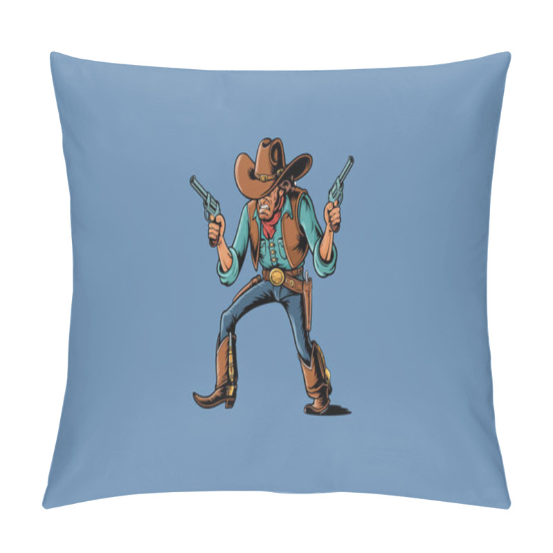 Personality  Cowboy With Dual Revolvers In Action Pose Illustration. Pillow Covers