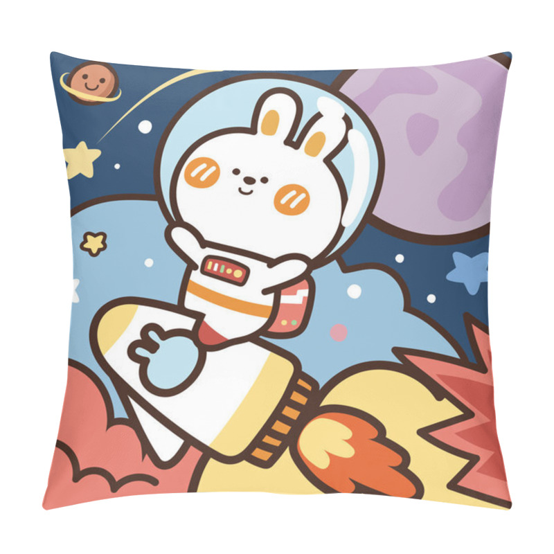 Personality  Astronaut Rabbit Sit On Rocket Cartoon.Character Design.Galaxy Background.Kid Graphic Design.Kawaii.Vector.Illustration.Illustrator. Pillow Covers