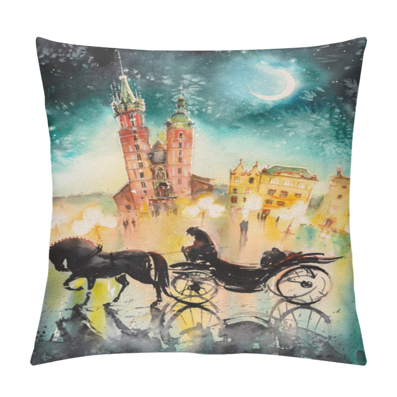 Personality  Old Town, Kracow, Poland At Night With Chaise And Mariacki Church In Background. Picture Created With Watercolors. Pillow Covers