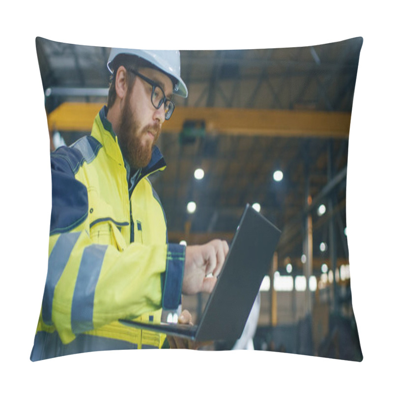 Personality  Industrial Engineer In Hard Hat Wearing Safety Jacket Uses Touchscreen Laptop. He Works At The Heavy Industry Manufacturing Factory. In The Background Welding/ Metalworking Processes Are In Progress. Pillow Covers