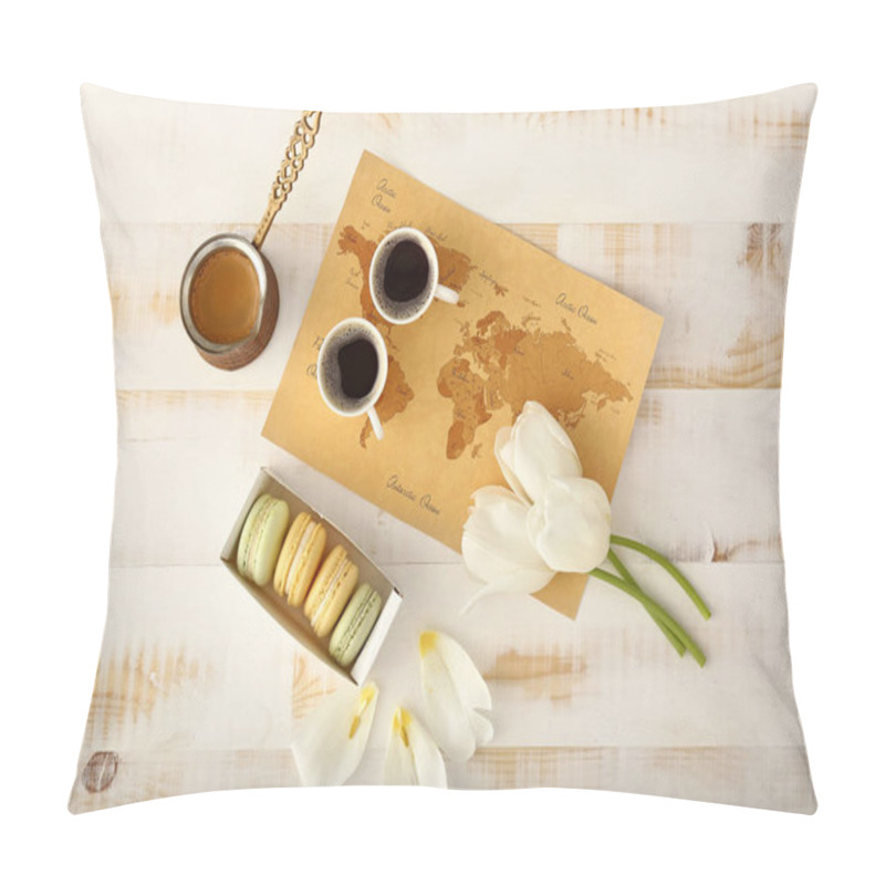 Personality  World Map With Tulip Flowers, Macarons And Coffee On White Wooden Table Pillow Covers