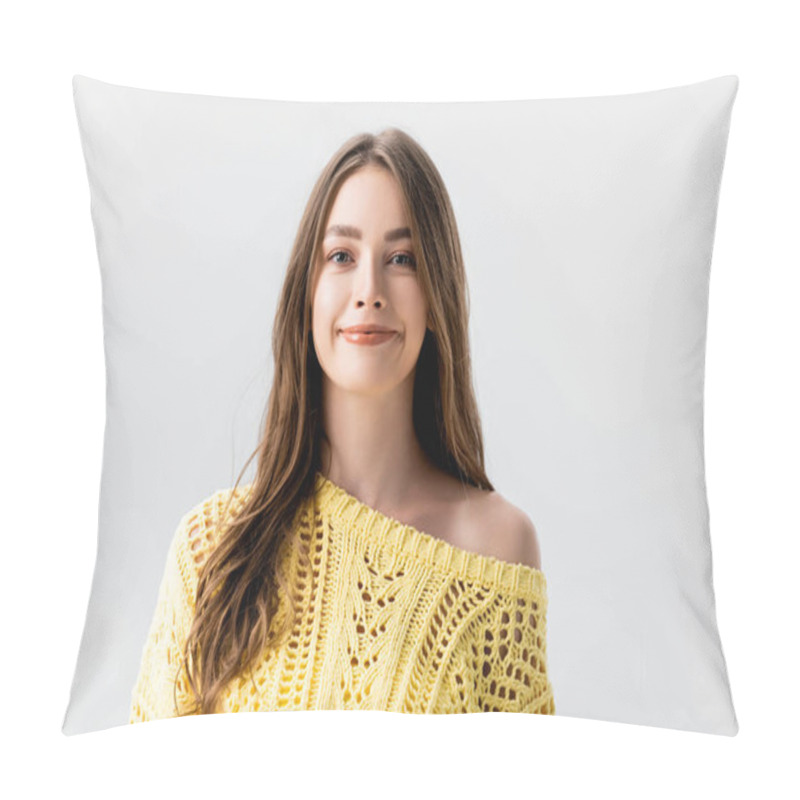 Personality  Attractive Girl In Yellow Sweater Smiling At Camera Isolated On Grey Pillow Covers