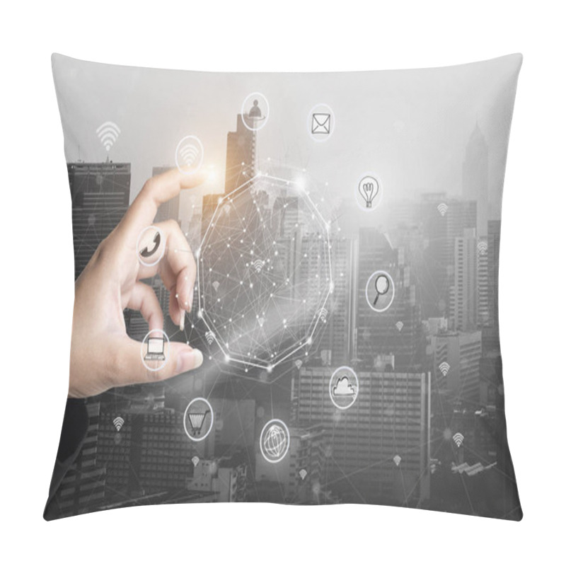 Personality  Businessman Holding Smart Phone With Wireless Communication Netw Pillow Covers