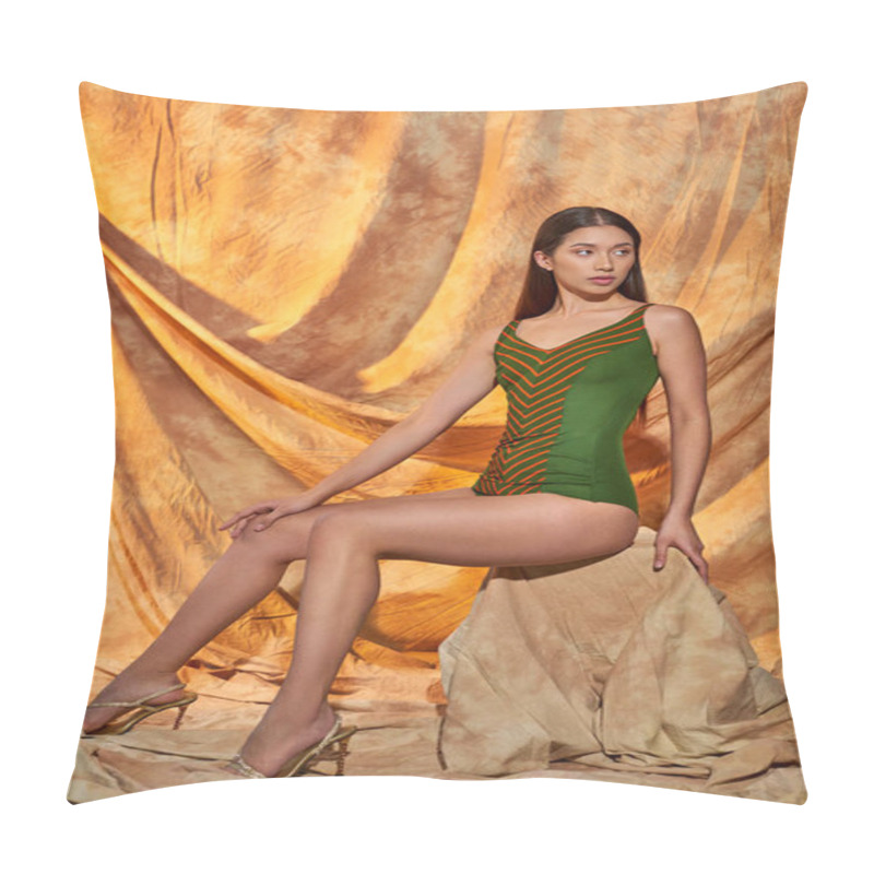 Personality  Young Asian Model In High Heels And Green Swimsuit Sitting On Rock,  Beige Background With Drapery Pillow Covers