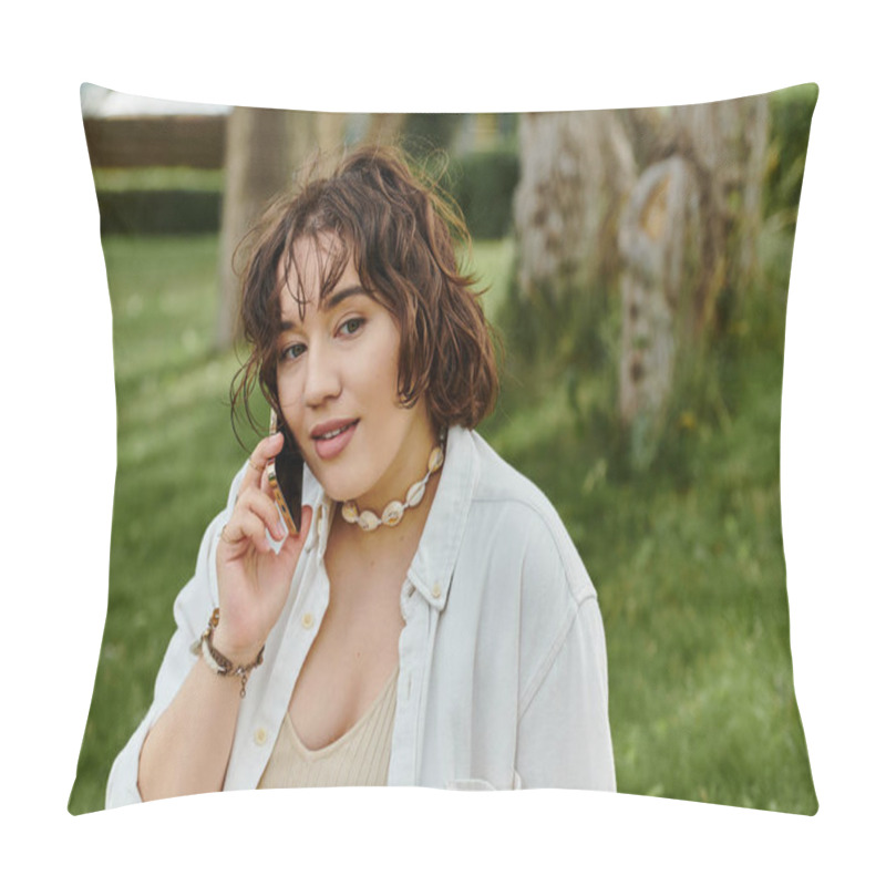 Personality  A Pretty Young Woman In A White Shirt Relaxes In Nature, Enjoying A Summer Picnic Amidst Green Grass. Pillow Covers