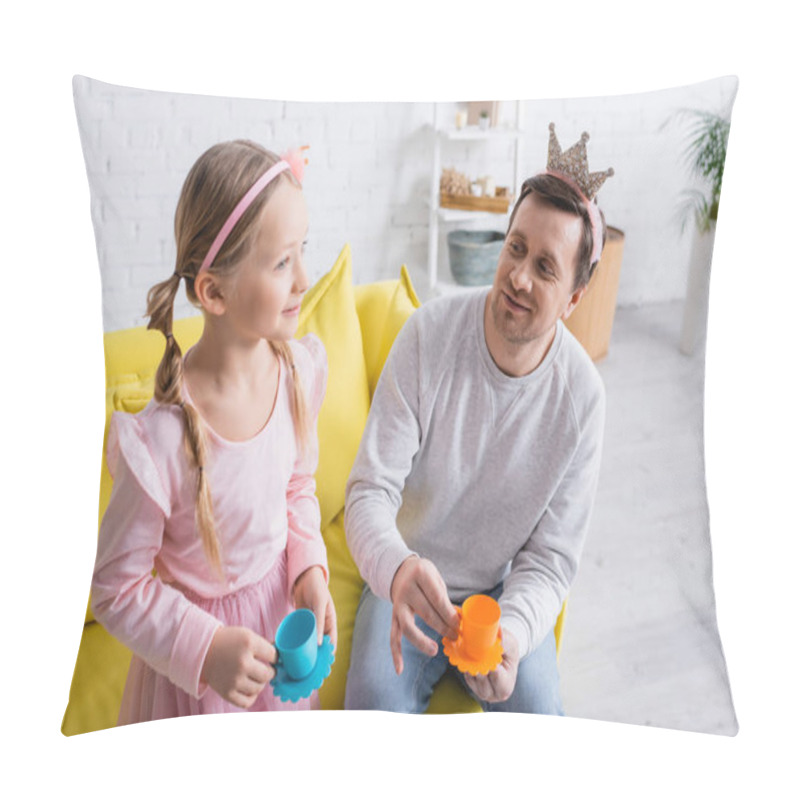 Personality  Smiling Father And Daughter Holding Toy Cups While Playing At Home Pillow Covers