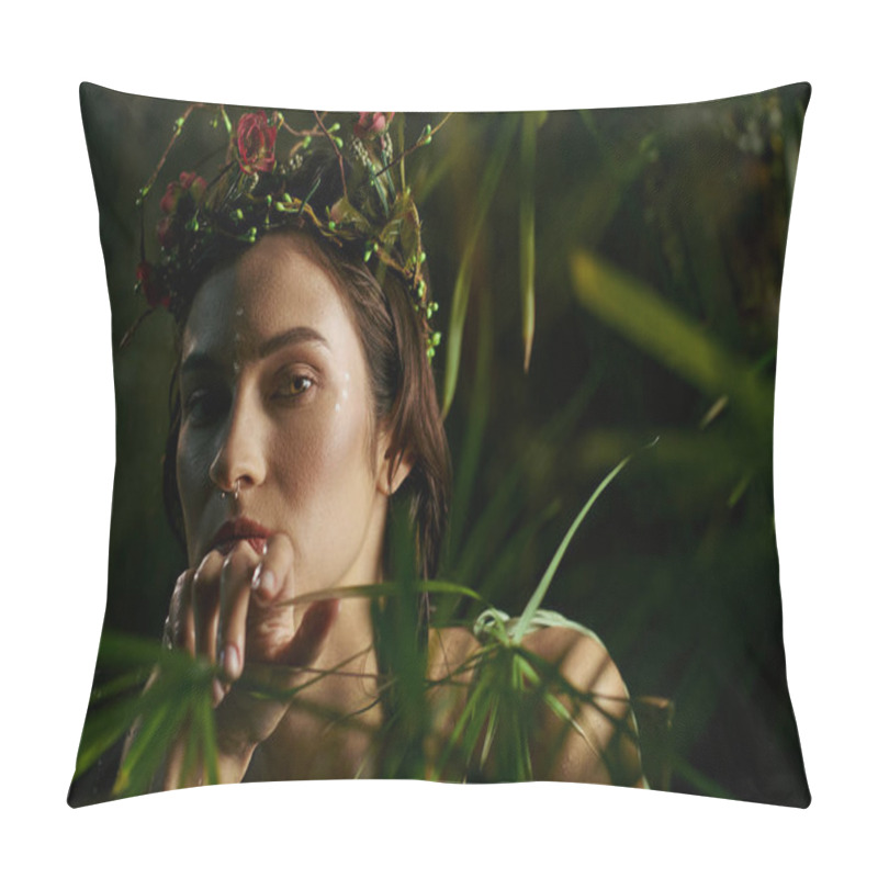 Personality  A Woman In A Floral Crown Poses Amidst Lush Greenery Near A Swamp. Pillow Covers