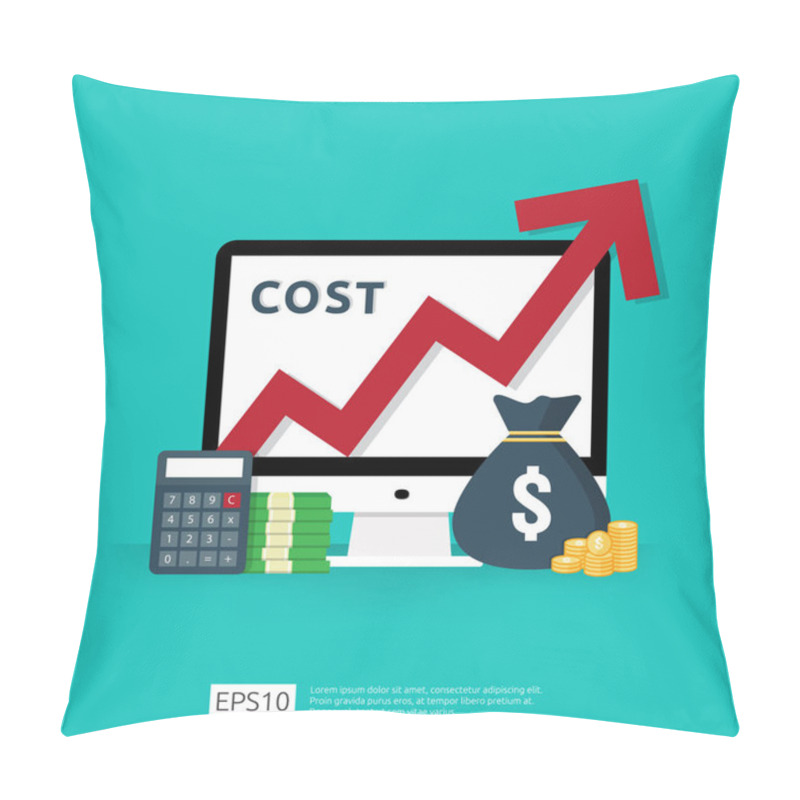 Personality  Cost Fee Spending Increase With Red Arrow Rising Up Growth Diagram. Business Cash Reduction Concept. Investment Growth Progress With Calculator, Desktop PC, Money Element In Flat Design Illustration Pillow Covers