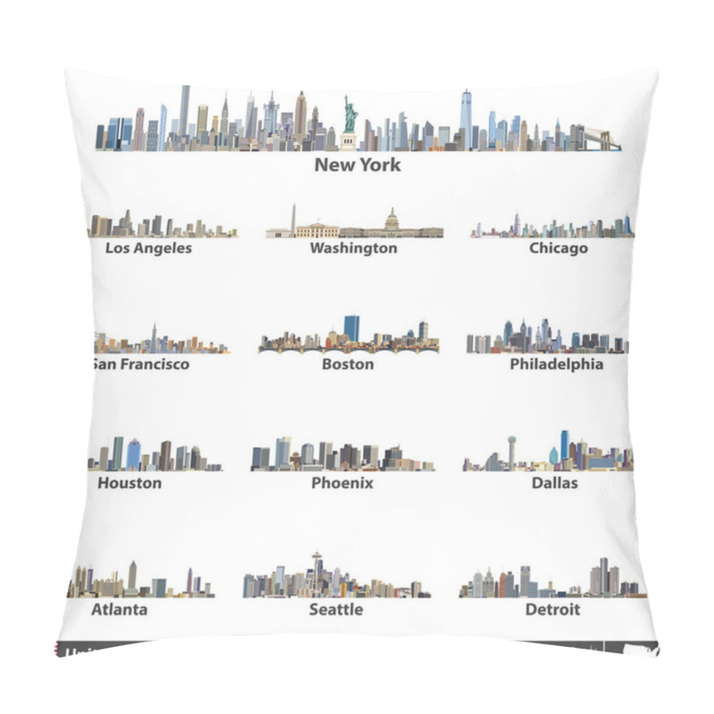 Personality  Vector Illustration Of Largest United States City Skylines. Navigation, Location And Travel Icons; Flag And Map Of United States Of America Pillow Covers