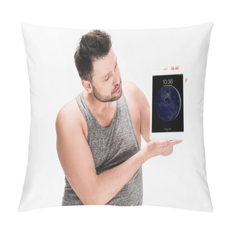 Personality  Overweight Man Showing Digital Tablet With Apple Home Screen Isolated On White Pillow Covers