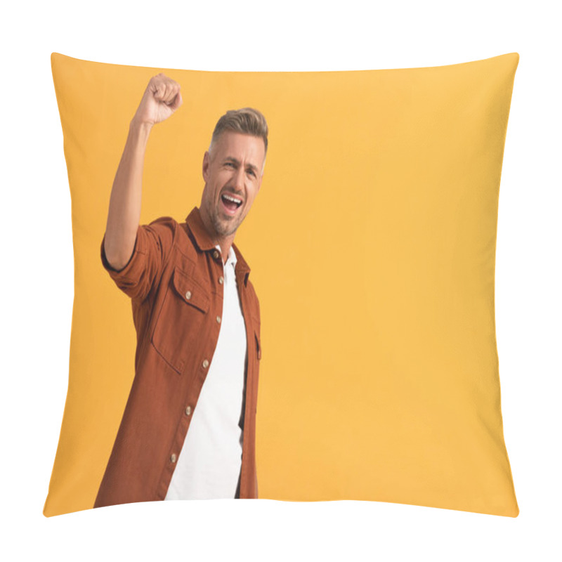 Personality  Excited Man With Clenched Fist Celebrating Isolated On Orange  Pillow Covers