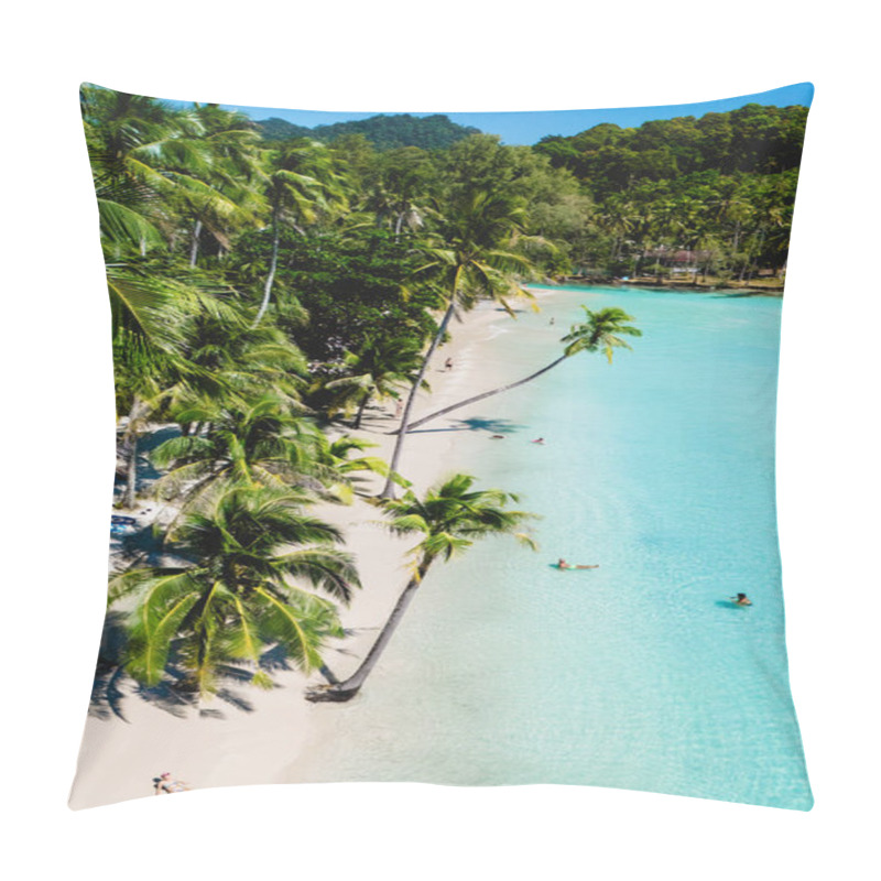 Personality  Nestled In Koh Kood, Thailand, A Secluded Beach Invites Visitors To Relax Under Swaying Palm Trees. Sunseekers Enjoy The Warm Sun And Azure Waters, Creating A Perfect Tropical Getaway. Pillow Covers