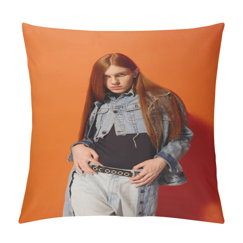 Personality  Young Man With Long Red Hair Shows Deep Emotions In Denim Against An Orange Backdrop. Pillow Covers