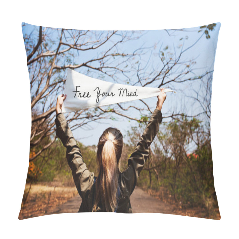 Personality  Girl Holding Free Your Mind Flag Banner Pillow Covers