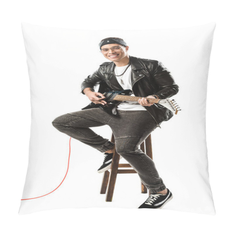 Personality  Laughing Male Musician In Leather Jacket Playing On Electric Guitar While Sitting On Chair Isolated On White Pillow Covers