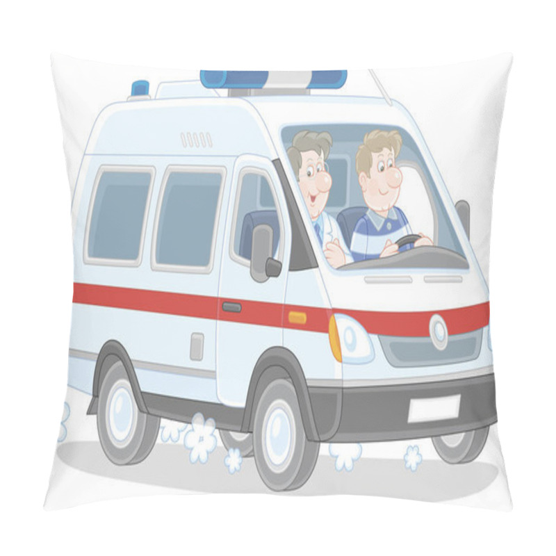 Personality  Ambulance Car With A Doctor And A Driver Hurrying To Rescue, Vector Cartoon Illustration Pillow Covers