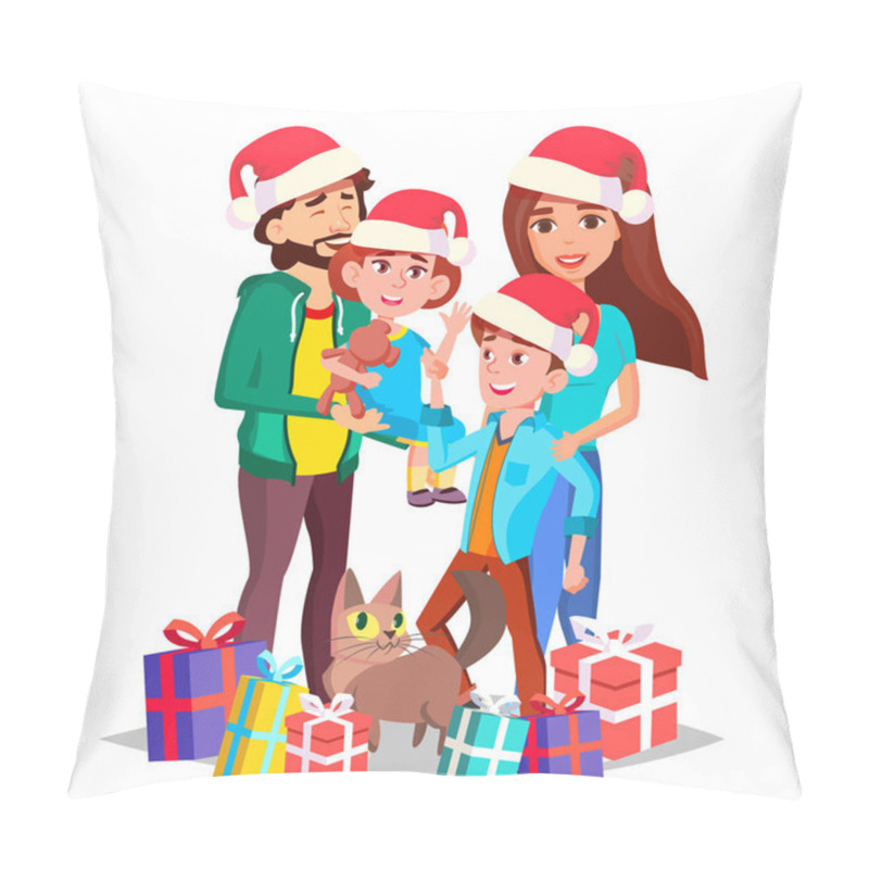 Personality  Christmas Family Vector. Mom, Dad, Children Together. In Santa Hats. Full Family. Celebrating. Decoration Element. Isolated Cartoon Illustration Pillow Covers