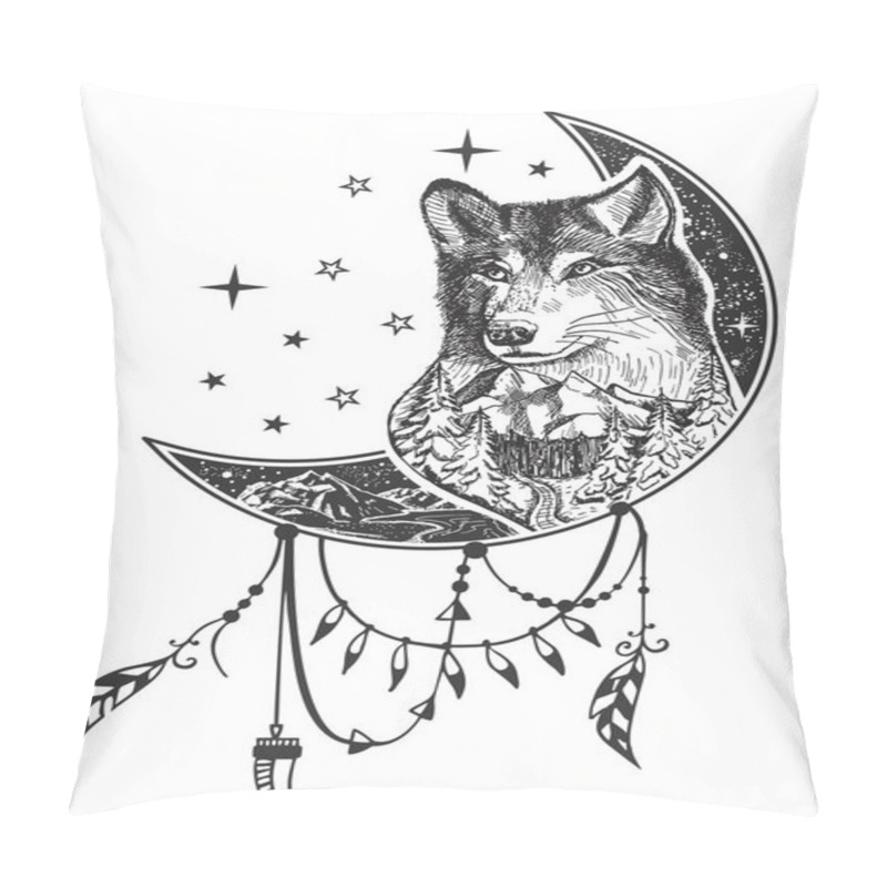 Personality  Vector Boho Wolf Tattoo Or T-shirt Print Design Pillow Covers