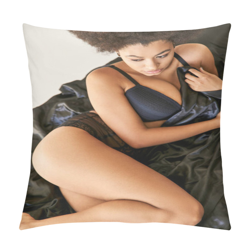 Personality  Top View Of Appealing Young African American Woman In Lingerie Reclining On Her Bed And Looking Away Pillow Covers