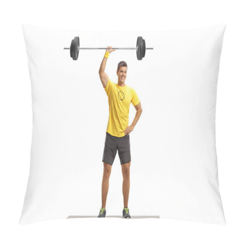 Personality  Full Length Portrait Of A Young Man Lifting Weigths With One Hand Isolated On Whie Background Pillow Covers