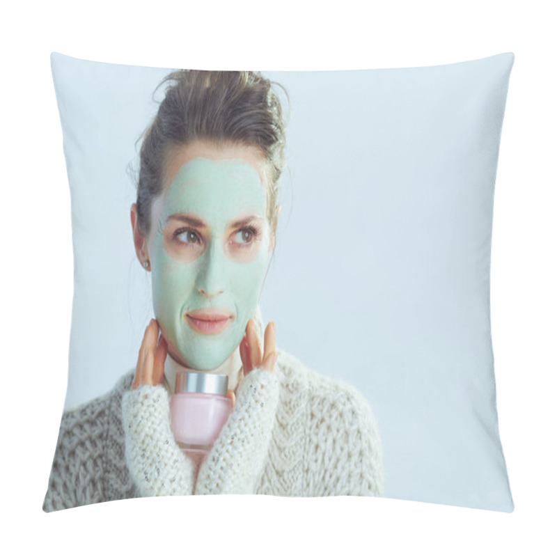 Personality  Woman With Green Facial Mask Holding Cosmetic Jar Looking Aside Pillow Covers